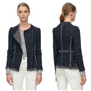 Rebecca Taylor Black Gray Chevron Structured Tweed Moto Blazer Jacket Size 0